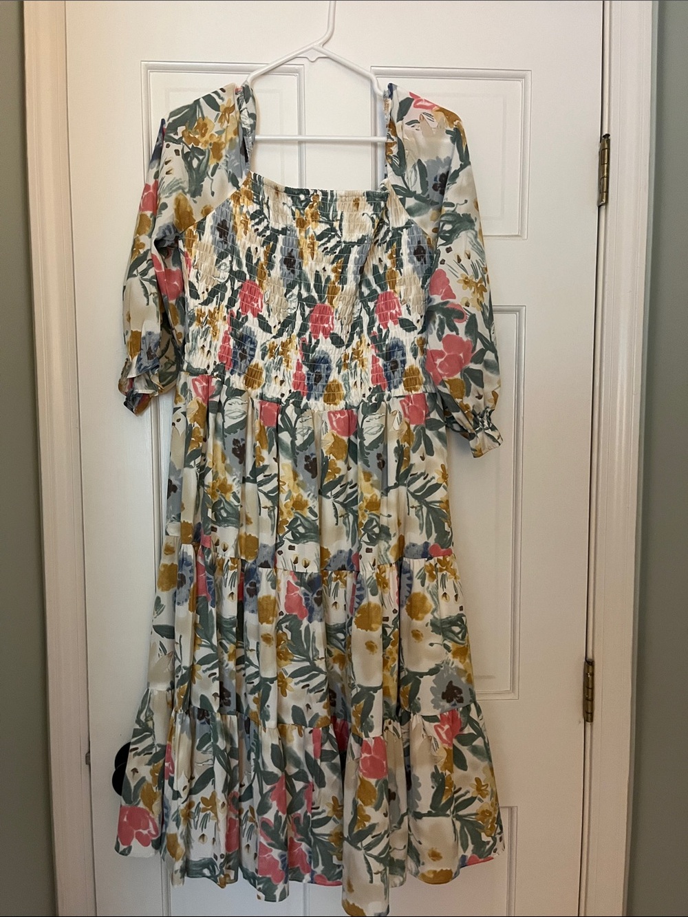 Baltic Born Floral Smocked Midi Dress in Cream, Pink, Yellow, Green, Blue - Picture 2 of 2